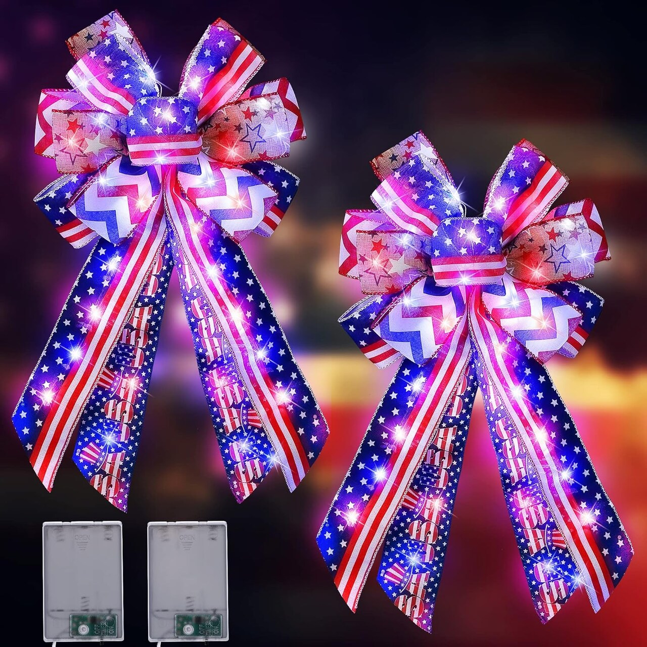 2-Pack Lighted Large Patriotic Bows – 20 x 11 Inch Red, White & Blue Star Burlap Wreath Bows for 4th of July, Veterans Day, Independence Day, Tree Topper, and Holiday Decor